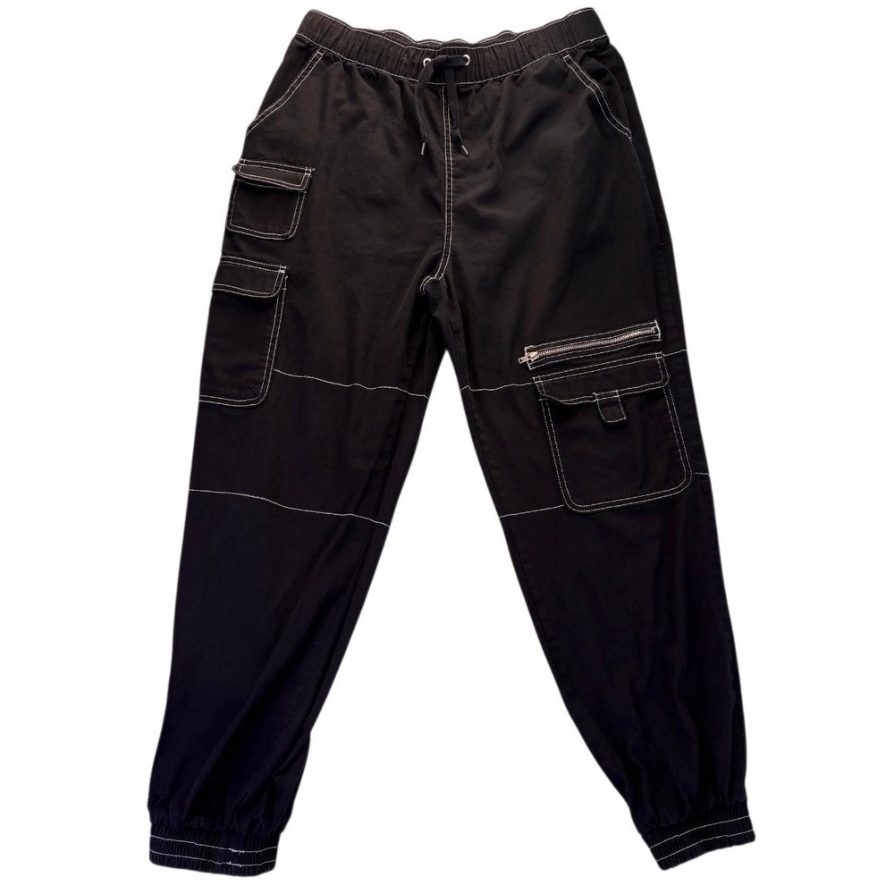 Hot Topic Mens Black Contrast Stitch Cargo Jogger Pants L Utility Streetwear